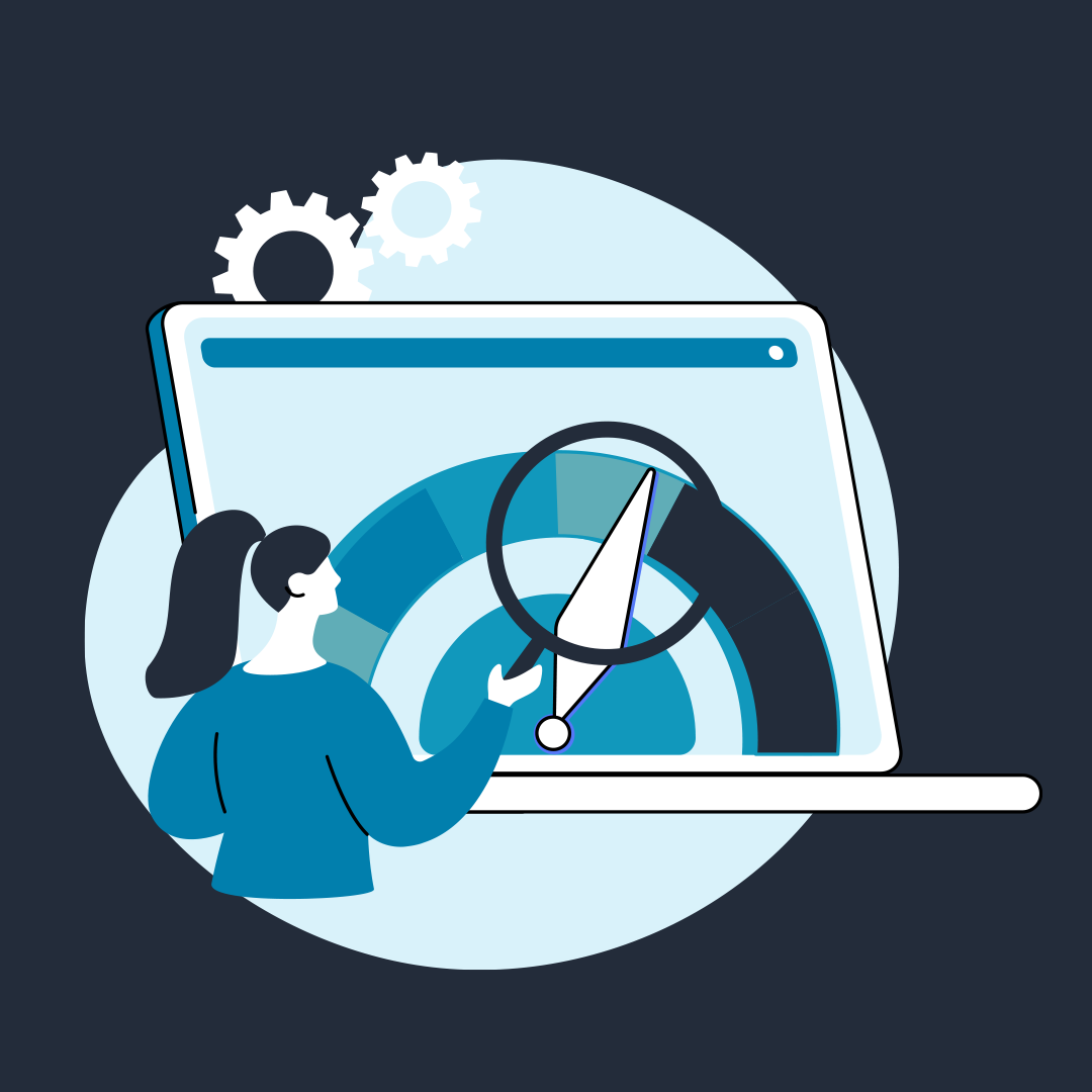 Shades of blue and white. Illustration of woman looking at large laptop with a metered score.